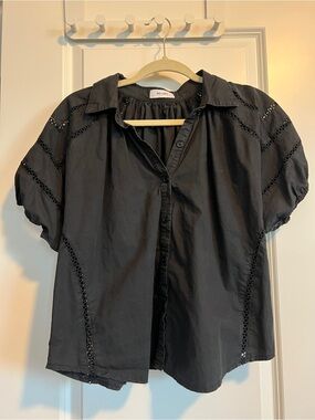 Black Short-Sleeve Button Front Blouse with Eyelet Trim